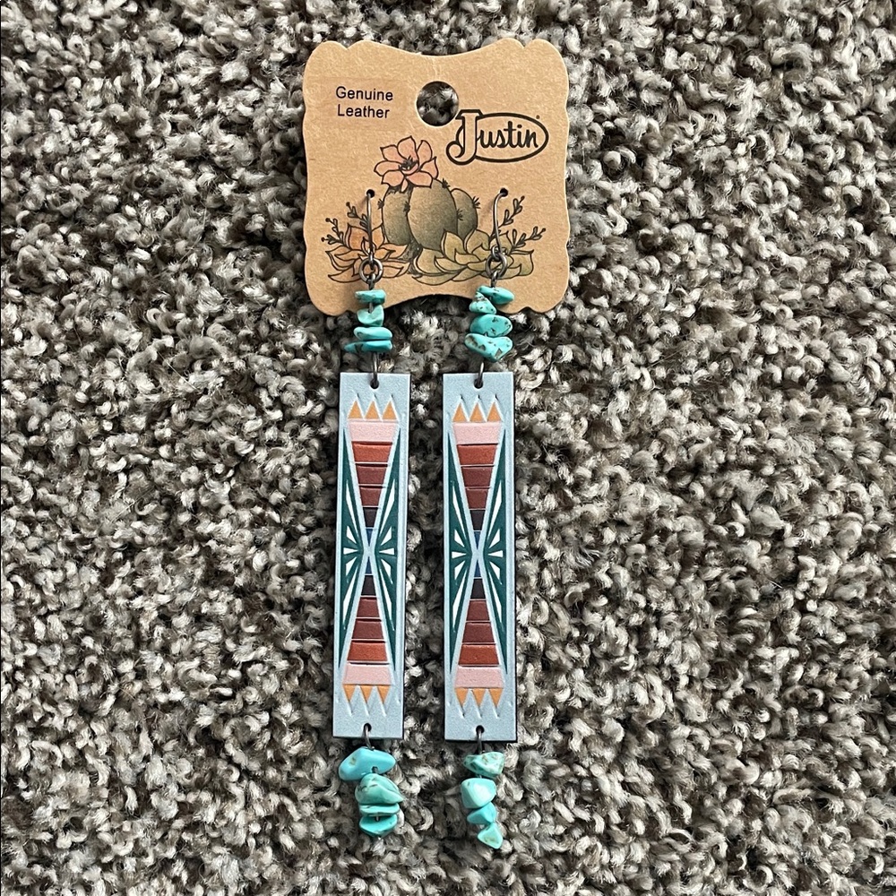 Justin Trenditions Leather Aztec & Turquoise Drop Earrings - NWT